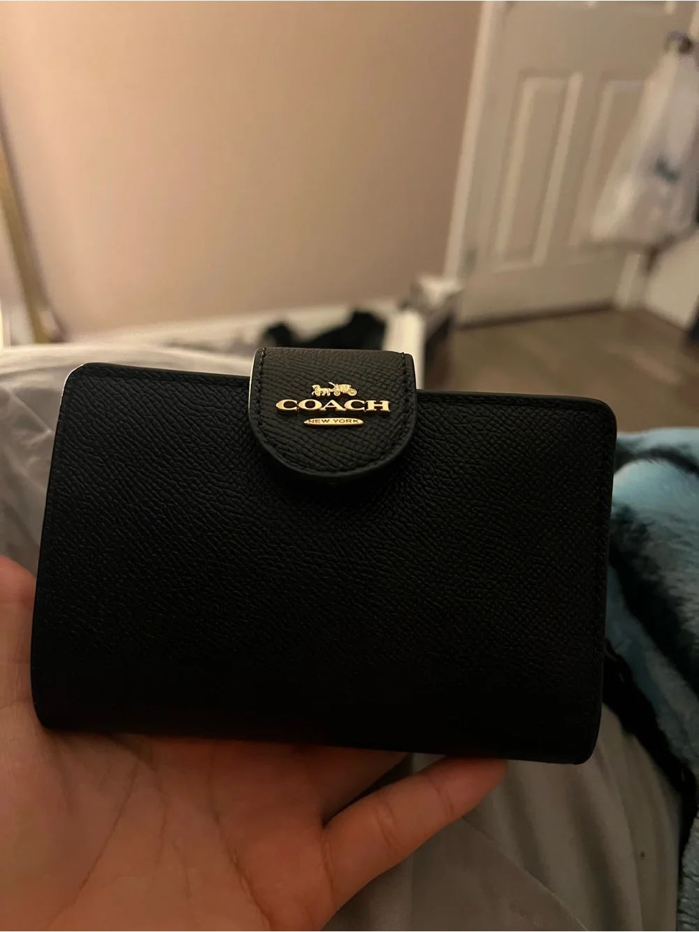 Coach Black Leather Compact Card Holder with Gold Logo